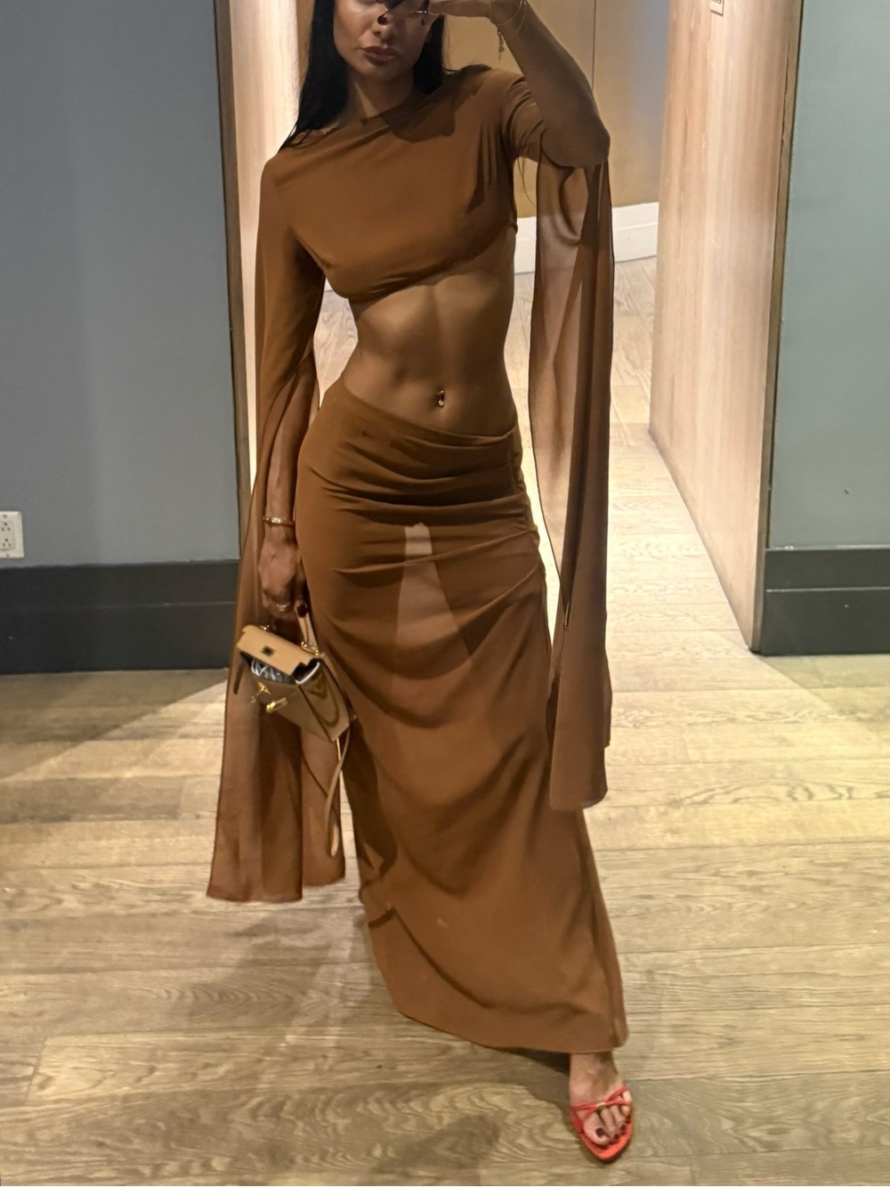 Brown High-Waist Maxi Skirt with crop top Side Drape like cult Gaia - Picture 3 of 4
